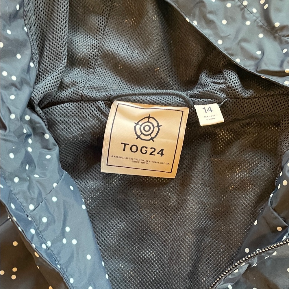 Black Hooded Packable Rain Jacket with White Dot Print